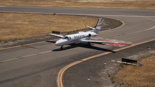 A Cessna Citation jet aircraft is viewed at Charles M. Schulz Sonoma County Airport in this aerial photo taken on June 1, 2021, near Healdsburg, California.