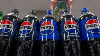 Bottles of Pepsi soda are displayed in a store on March 17, 2025 in New York City.