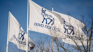 Flags with the logos of Danish drugmaker Novo Nordisk, maker of the blockbuster diabetes and weight-loss treatments Ozempic and Wegovy are pictures while the company presents the annual report at  Novo Nordisk in Bagsvaerd, Denmark, on February 5, 2025. 