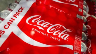 Coca-Cola cans are pictured in a supermarket in Bayonne, New Jersey, on April 8, 2025.