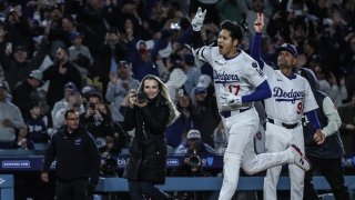 Los Angeles, CA, Wednesday, April 2, 2025 – Los Angeles Dodgers designated hitter Shohei Ohtani (17) celebrates as he approaches home plate after hitting a game-winning, walk off homer to beat the Atlanta Braves 6-5 at Dodger Stadium,.