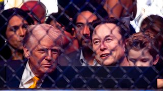 President Donald Trump and Elon Musk attend UFC 314 at the Kaseya Center on Saturday, April 12, 2025, in downtown Miami. 