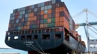 Shipping containers are stacked on a cargo ship as they are offloaded at PortMiami on April 15, 2025 in Miami, Florida.