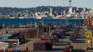 Shipping containers at the Port of Seattle on April 16, 2025.