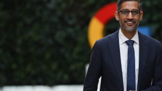 Alphabet and Google CEO Sundar Pichai meets with Polish Prime Minister Donald Tusk at Google for Startups in Warsaw, Poland, on February 13, 2025.