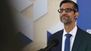 Alphabet and Google CEO Sundar Pichai meets with Polish Prime Minister Donald Tusk at Google for Startups in Warsaw, Poland, on February 13, 2025.