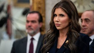 Kristi Noem, Homeland Security Secretary, during a meeting with US President Donald Trump and Nayib Bukele, El Salvador’s president, in the Oval Office of the White House in Washington, DC, US, on Monday, April 14, 2025.