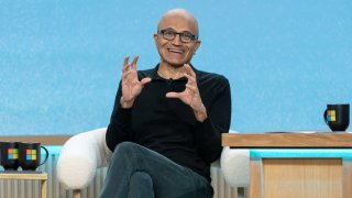 Microsoft CEO Satya Nadella speaks at an event commemorating the 50th anniversary of the company at Microsoft headquarters in Redmond, Washington, on April 4, 2025.