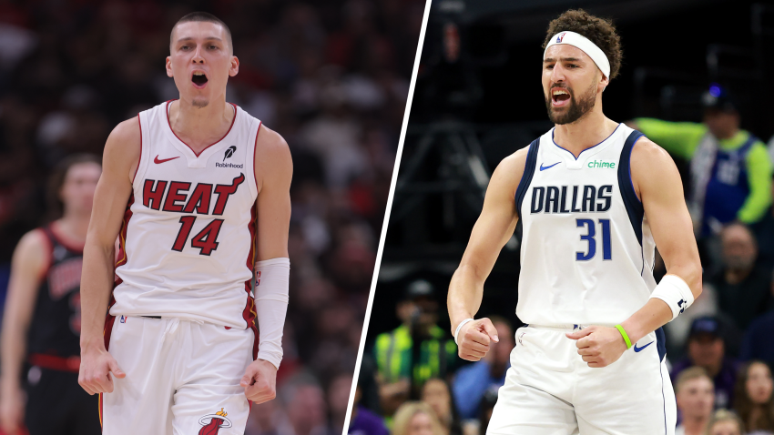 Split image of Tyler Herro and Klay Thompson