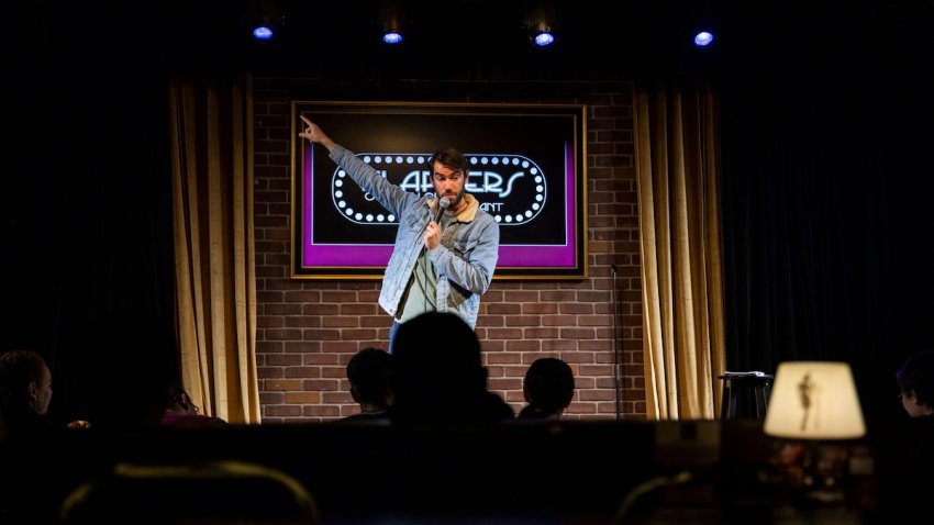 Esteban Gast performs during Stand Up For Climate, a comedy show at Flappers Comedy on Thursday, March 20, 2025, in Burbank, Calif.