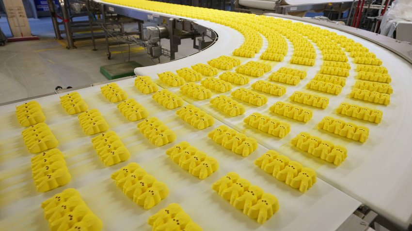 Peeps marshmallow treats move through the manufacturing process at the Just Born factory in Bethlehem, Pa., Thursday, April 10, 2025.
