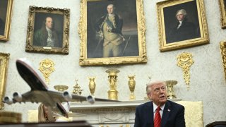 File photo: US President Donald Trump speaks to the press during his meeting with Italian Prime Minister Giorgia Meloni in the Oval Office of the White House in Washington, DC, on April 17, 2025. Italy’s Prime Minister Giorgia Meloni meets with Donald Trump Thursday in Washington, hoping a personal charm offensive can help convince the US president to cut a more favourable deal on EU tariffs. (Photo by Brendan SMIALOWSKI / AFP) (Photo by BRENDAN SMIALOWSKI/AFP via Getty Images)