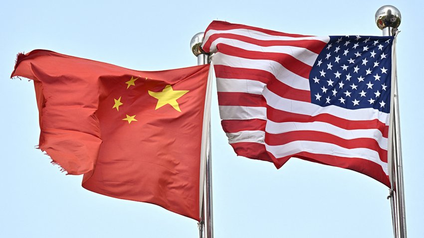 Chinese and U.S. flags in Beijing on April 17, 2025.