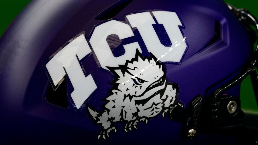 Jul 14, 2022; Arlington, TX, USA; A view of the TCU Horned Frogs helmet logo during the Big 12 Media Day at AT&T Stadium. Mandatory Credit: Jerome Miron-USA TODAY Sports