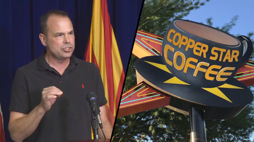 Split screen with man speaking on left and exterior of his cafe on right