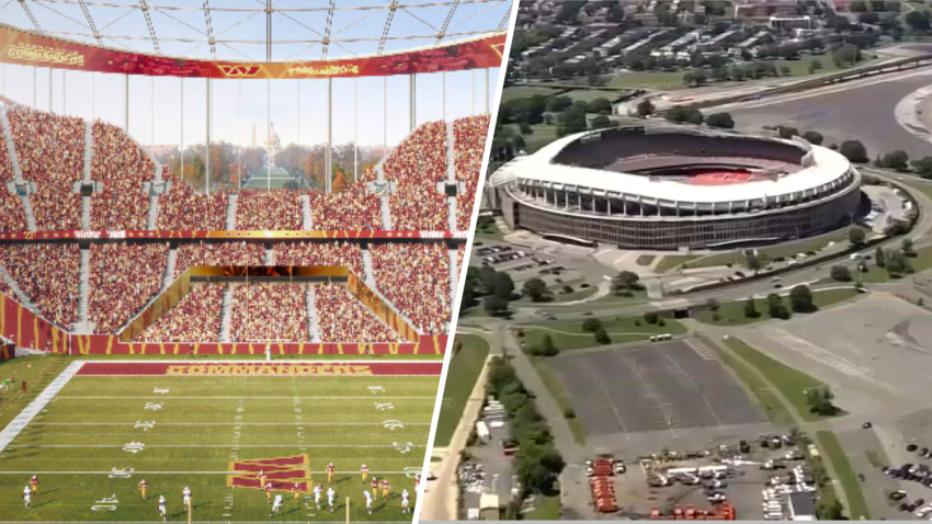 A mockup shows what a new venue at the RFK Stadium site could look like (left). On the right, an aerial view of RFK Stadium.