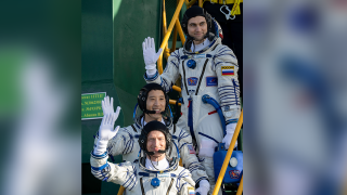 Roscosmos cosmonaut Sergey Ryzhikov, bottom, NASA astronaut Jonny Kim, middle, and Roscosmos cosmonaut Alexey Zubritskiy, top.