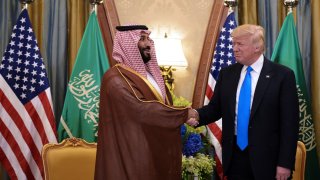 US President Donald Trump (R) and Saudi Deputy Crown Prince Mohammad bin Salman al-Saud take part in a bilateral meeting at a hotel in Riyadh on May 20, 2017.