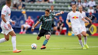 Javier Hernandez, #14 of the Los Angeles Galaxy. takes a shot on goal during a game between New York Red Bulls and Los Angeles Galaxy at Dignity Health Sports Park on in Carson, California, on April 25, 2021.