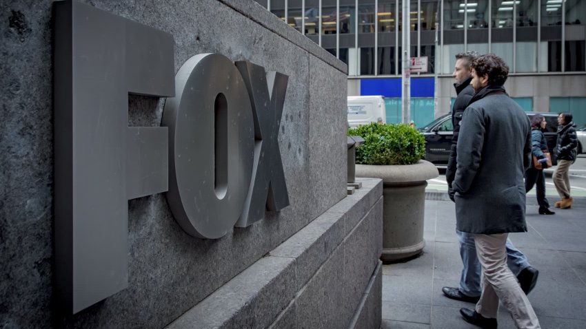 Marquee at the main entrance to the FOX News Headquarters at NewsCorp Building in Manhattan. 