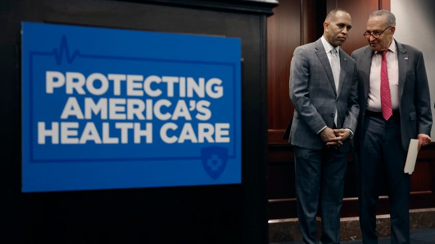 Senate Majority Leader Charles Schumer (D-NY) (R) talks with House Minority Leader Hakeem Jeffries (D-NY) while attend an event to mark the 14 anniversary of the passage of the Affordable Care Act at the U.S. Capitol on March 21, 2024 in Washington, DC. 