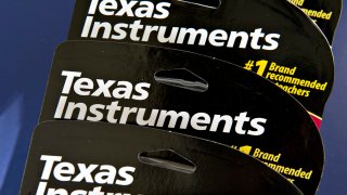 The Texas Instruments Inc. logo is seen on scientific calculator packages in Tiskilwa, Illinois.