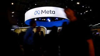 A logo of Meta is displayed during the Viva Technology startups and innovation fair at the Porte de Versailles exhibition center in Paris on May 22, 2024.