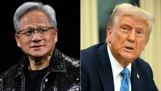 (COMBO) This combination of pictures created on January 31, 2025 shows (L) Nvidia CEO Jensen Huang in Las Vegas, Nevada on January 6, 2025, and US President Donald Trump in the Oval Office of the White House in Washington, DC on January 31, 2025. Jensen Huang, CEO of AI chip giant Nvidia, met January 31, 2025 with President Donald Trump as the company suffered a rough week on Wall Street over competition with China and the threat of tariffs on semiconductors.