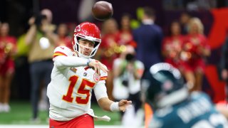 Patrick Mahomes #15 of the Kansas City Chiefs throws a pass in the first quarter against the Philadelphia Eagles during Super Bowl LIX at Caesars Superdome on February 09, 2025 in New Orleans, Louisiana.