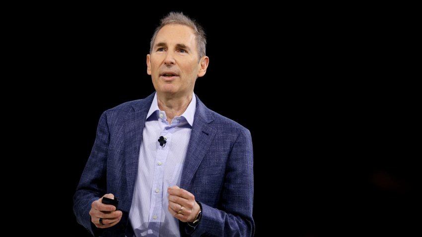 Amazon CEO Andy Jassy speaks during an unveiling event in New York on Feb. 26, 2025.