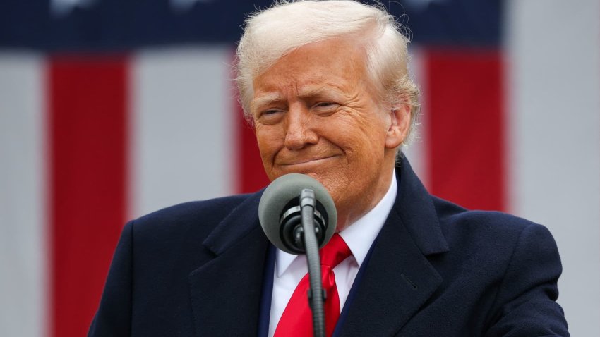 U.S. President Donald Trump reacts as he delivers remarks on tariffs in the Rose Garden at the White House in Washington, D.C., on April 2, 2025.