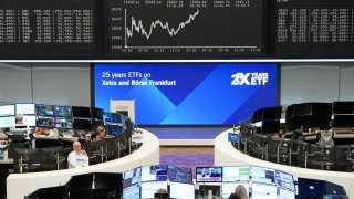 The German share price index DAX graph is pictured at the stock exchange in Frankfurt, Germany, on April 8, 2025.