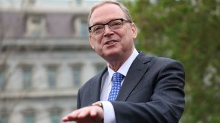 National Economic Council Director Kevin Hassett speaks to reporters at the White House in Washington, D.C., U.S., April 14, 2025.