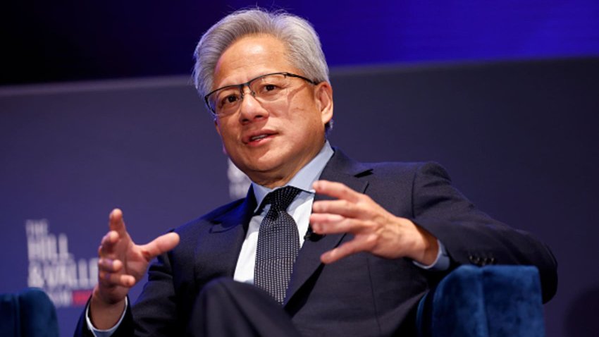 Jensen Huang, President and CEO of Nvidia, speaks on AI the the return of American manufacturing at the Hill and Valley Forum at the U.S. Capitol on April 30, 2025 in Washington, DC.