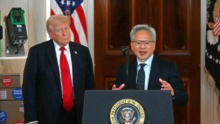 Nvidia CEO Jensen Huang, right, speaks alongside President Donald Trump about investing in America, at the White House in Washington, on April 30, 2025.