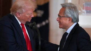NVIDIA CEO Jensen Huang and U.S. President Donald Trump shake hands at an ‘Investing in America’ event in Washington, D.C., U.S., April 30, 2025.