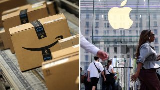 Amazon packages and an Apple store in New York City.
