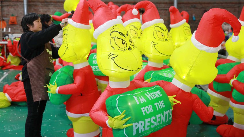 Employees make inflatable toys for export on the production line at a factory on March 19, 2025 in Huaibei, Anhui Province of China.