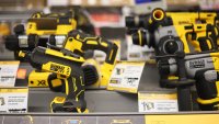 DeWalt power tools are displayed at a Home Depot on May 2, 2025 in New York City.