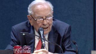 Warren Buffett speaks during the Berkshire Hathaway Annual Shareholders Meeting in Omaha, Nebraska on May 3, 2025.
