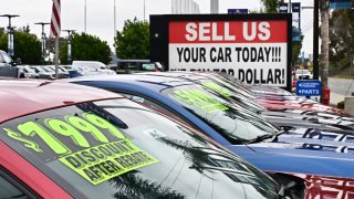 A Ford mustang is seen at a used car dealership in Montebello, California on May 5, 2025.