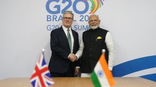 RIO DE JANEIRO, BRAZIL – NOVEMBER 18: UK Prime Minister Sir Keir Starmer (L) during a bilateral meeting with Prime Minister of India Narendra Modi as he attends the G20 summit at the Museum of Modern Art on November 18, 2024 in Rio de Janeiro, Brazil. Keir Starmer is attending his first G20 Summit since he was elected Prime Minister of the UK. He is expected to hold talks with President Xi Jinping of China, the first time a UK PM has done so for six years. (Photo by Stefan Rousseau – WPA Pool/Getty Images)