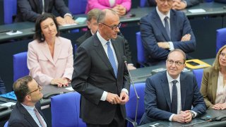 The newly elected Federal Chancellor Friedrich Merz (center, CDU) accepts the election in the Bundestag. Sitting next to him are Jens Spahn (l, CDU), leader of the CDU/CSU parliamentary group, and Alexander Dobrindt (r, CSU), designated Federal Minister of the Interior.
