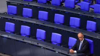 Friedrich Merz, Germany’s chancellor, takes the chancellor’s seat, after swearing an oath, at the Bundestag in Berlin, Germany, on Tuesday, May 6, 2025.