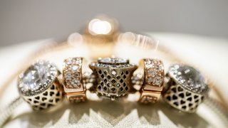 A charm bracelet on display in a Pandora store in Copenhagen, Denmark.