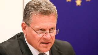 Maros Sefcovic, European Commissioner for Trade and Economic Security; Interinstitutional Relations and Transparency, speaks to reporters in Singapore on May 7, 2025, after signing of the EU-Singapore Digital Trade Agreement (DTA), a landmark initiative enhancing digital economic cooperation between the European Union and Singapore.