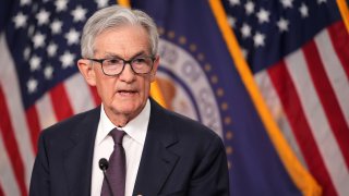 Federal Reserve Chair Jerome Powell speaks during a news conference following a Federal Open Market Committee meeting at the William McChesney Martin Jr. Federal Reserve Board Building on May 7, 2025 in Washington, DC.