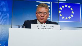 EU Commissioner for Trade and Economic Security, Interinstitutional relations and Transparency, Maros Sefcovic attends a press conference at the end of a Foreign Affairs council in Trade format at the EU Council building in Luxembourg on April 7, 2025.