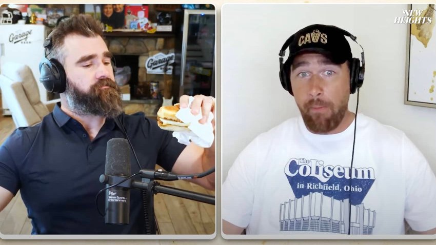 Jason and Travis Kelce with Dunkin Donuts on the New Heights podcast.