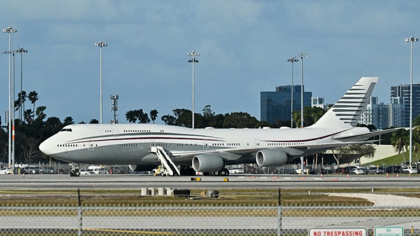 In this February 15, 2025 a Boeing 747 sits on the tarmac of Palm Beach International airport after US President Donald Trump toured the aircraft on February 15, 2025.